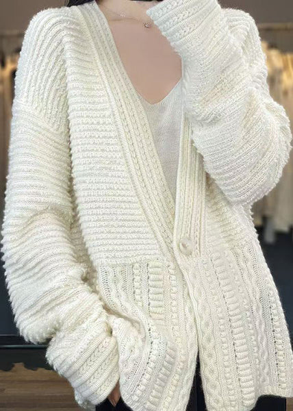 Women White V Neck Button Woolen Cable Knit Coats Spring YW021 ABC