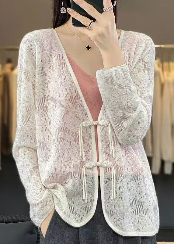 Women White V Neck Chinese Button Knit Cardigan Fall AB1049 Genistyle Shop