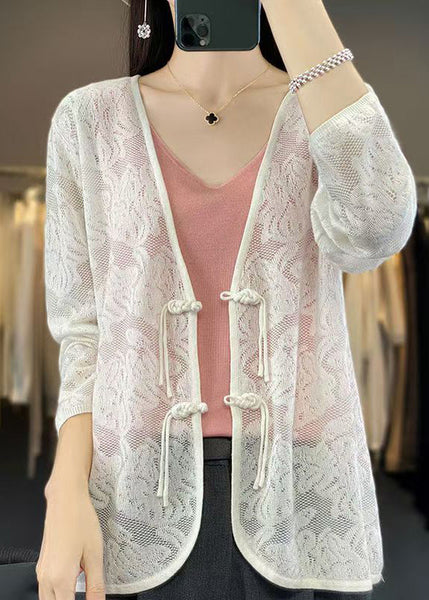 Women White V Neck Chinese Button Knit Cardigan Fall AB1049 Genistyle Shop