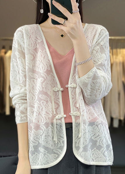 Women White V Neck Chinese Button Knit Cardigan Fall AB1049 Genistyle Shop