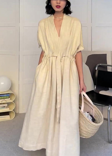 Women White V Neck Drawstring Pockets Cotton Dress Summer EE1014 SH-LF-SDL240517