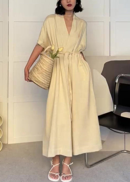 Women White V Neck Drawstring Pockets Cotton Dress Summer EE1014 SH-LF-SDL240517