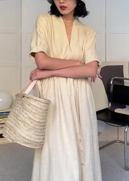 Women White V Neck Drawstring Pockets Cotton Dress Summer EE1014 SH-LF-SDL240517