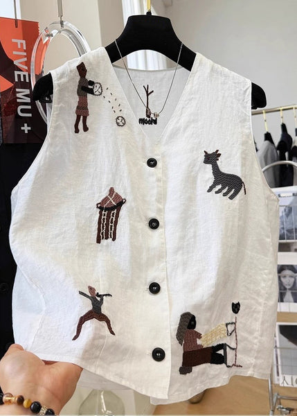 White Vest Sleeveless Embroideried Neck Cotton V Women FashionChic