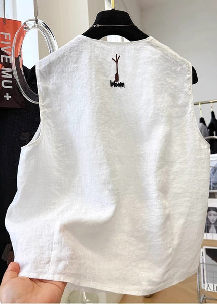 White Vest Sleeveless Embroideried Neck Cotton V Women FashionChic