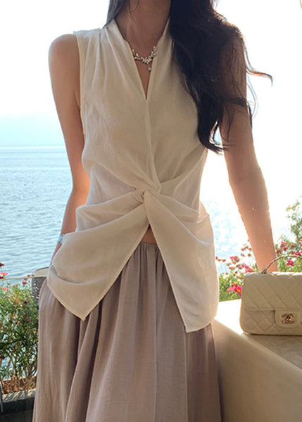 Blouses Neck Open V White Cotton Sleeveless Women Front FashionChic