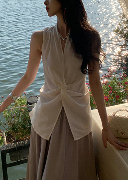 Blouses Neck Open V White Cotton Sleeveless Women Front FashionChic