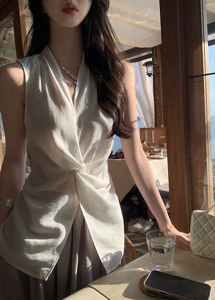 Blouses Neck Open V White Cotton Sleeveless Women Front FashionChic