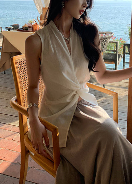 Blouses Neck Open V White Cotton Sleeveless Women Front FashionChic