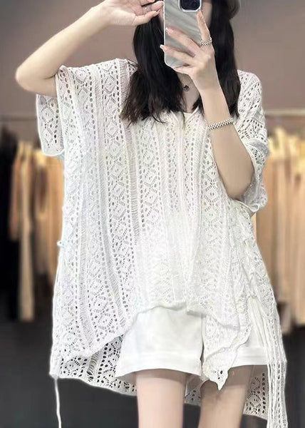 V Shirts Women Hollow Knit Neck T Summer White Out FashionChic