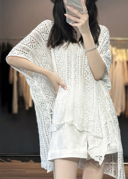 V Shirts Women Hollow Knit Neck T Summer White Out FashionChic