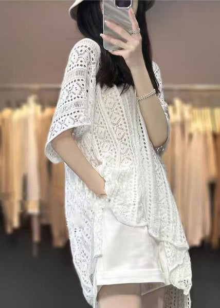 V Shirts Women Hollow Knit Neck T Summer White Out FashionChic