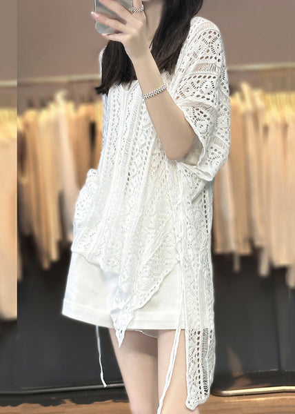 V Shirts Women Hollow Knit Neck T Summer White Out FashionChic