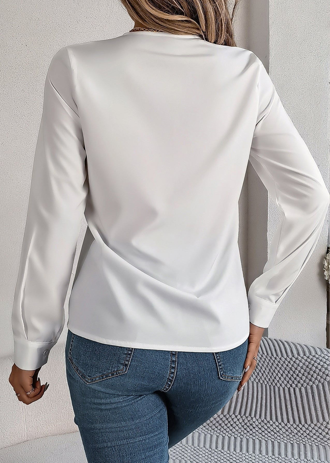 Women White V Neck Patchwork Cotton Shirt Fall QY038 BB-ZS-WM-LTP241002