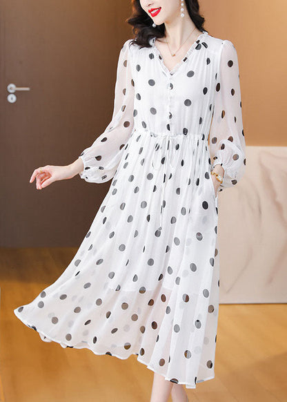 Women White V Neck Print Drawstring Chiffon Dress Lantern Sleeve BB003 Hawaii-SDL240622