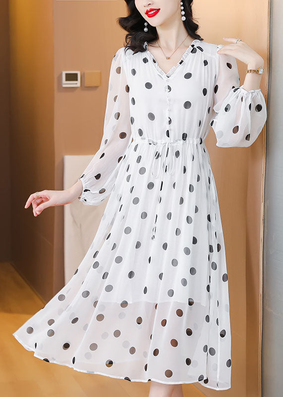 Women White V Neck Print Drawstring Chiffon Dress Lantern Sleeve BB003 Hawaii-SDL240622