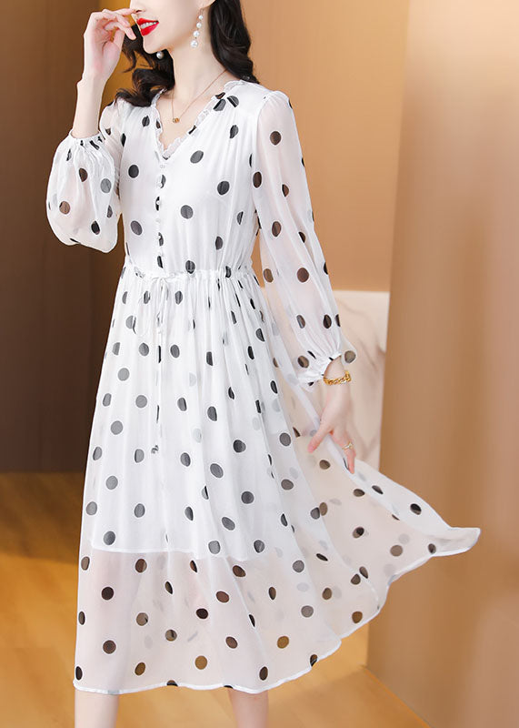 Women White V Neck Print Drawstring Chiffon Dress Lantern Sleeve BB003 Hawaii-SDL240622