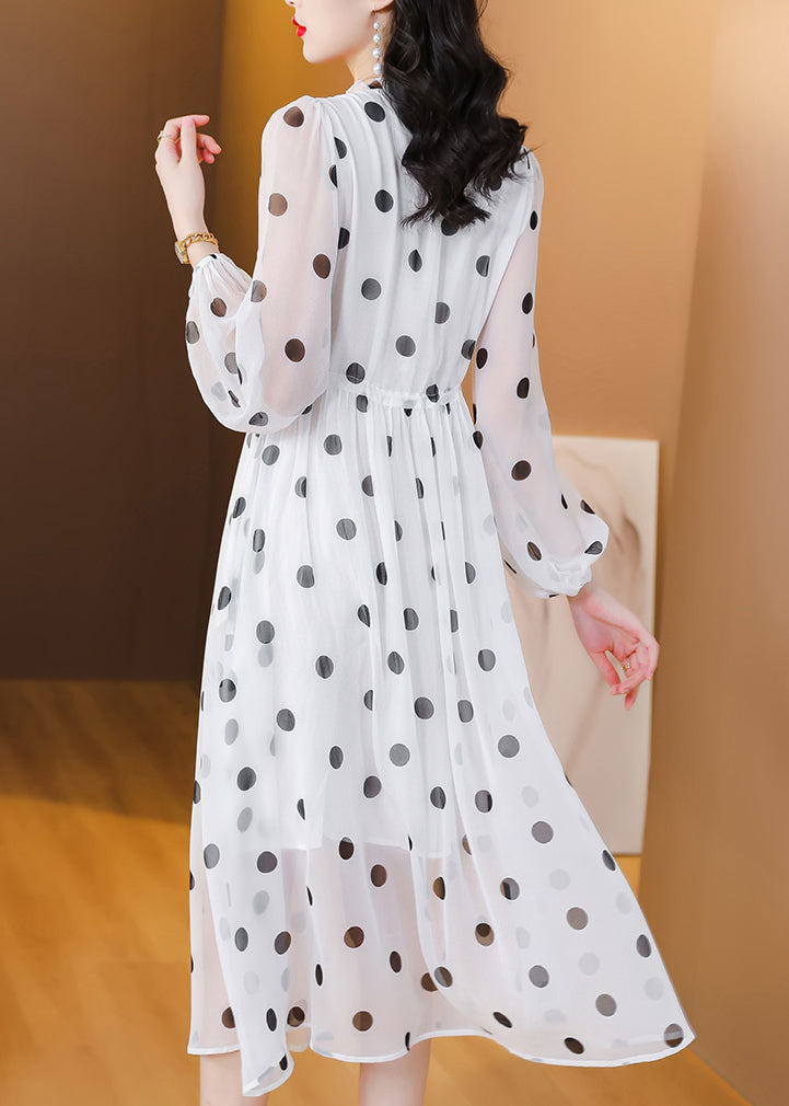 Women White V Neck Print Drawstring Chiffon Dress Lantern Sleeve BB003 Hawaii-SDL240622