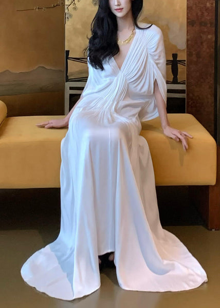Wrinkled Neck Sleeve V Solid Women Dresses Batwing White FashionChic