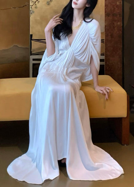 Wrinkled Neck Sleeve V Solid Women Dresses Batwing White FashionChic