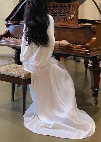 Wrinkled Neck Sleeve V Solid Women Dresses Batwing White FashionChic