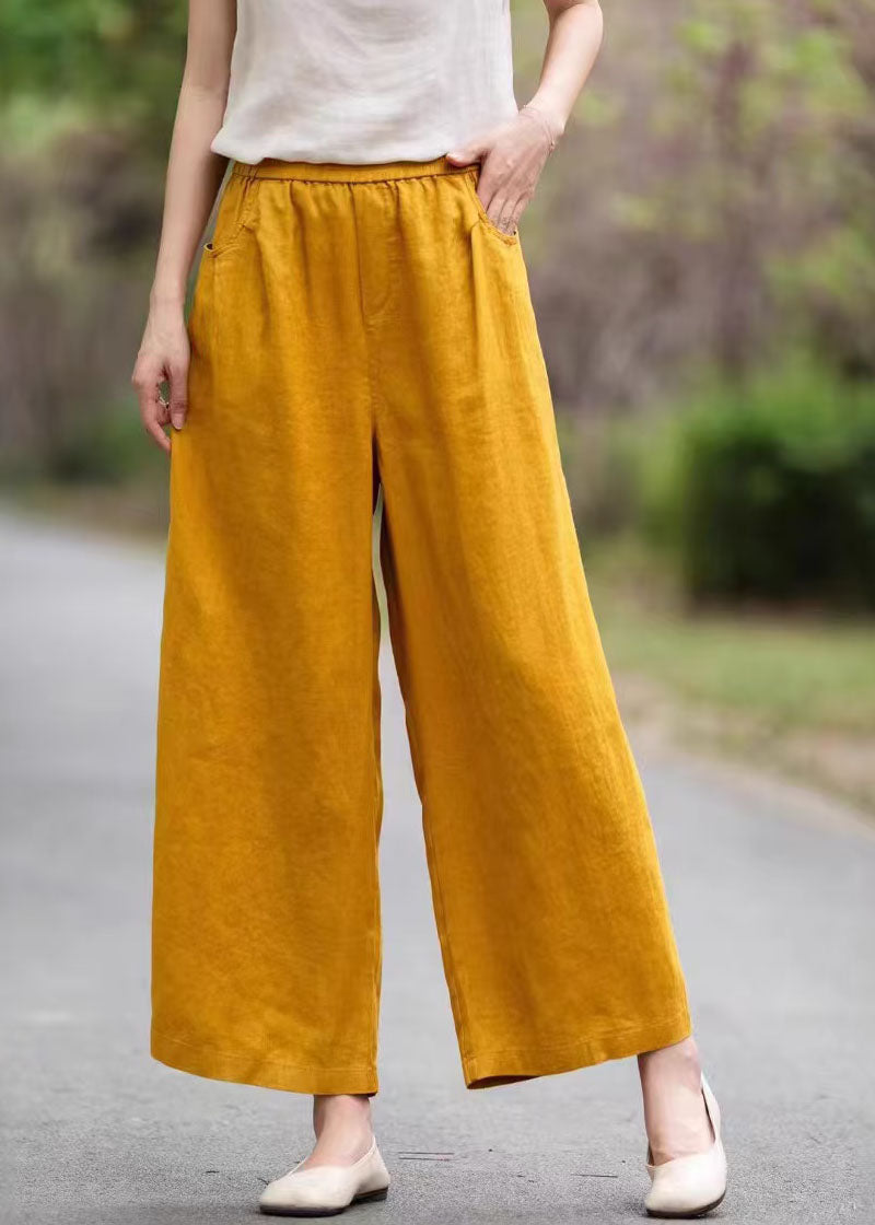 Pockets Pants Summer Linen Yellow Women Waist Elastic FashionChic