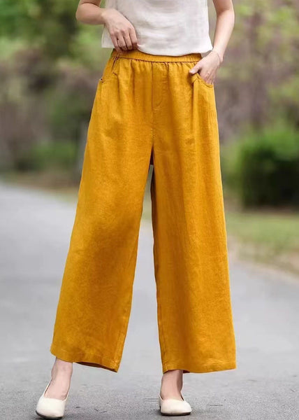 Pockets Pants Summer Linen Yellow Women Waist Elastic FashionChic