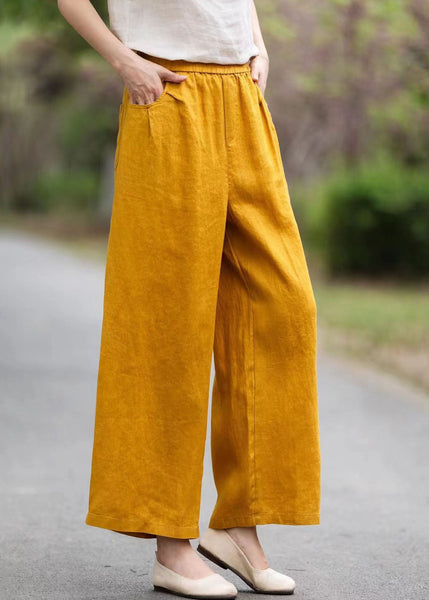 Pockets Pants Summer Linen Yellow Women Waist Elastic FashionChic