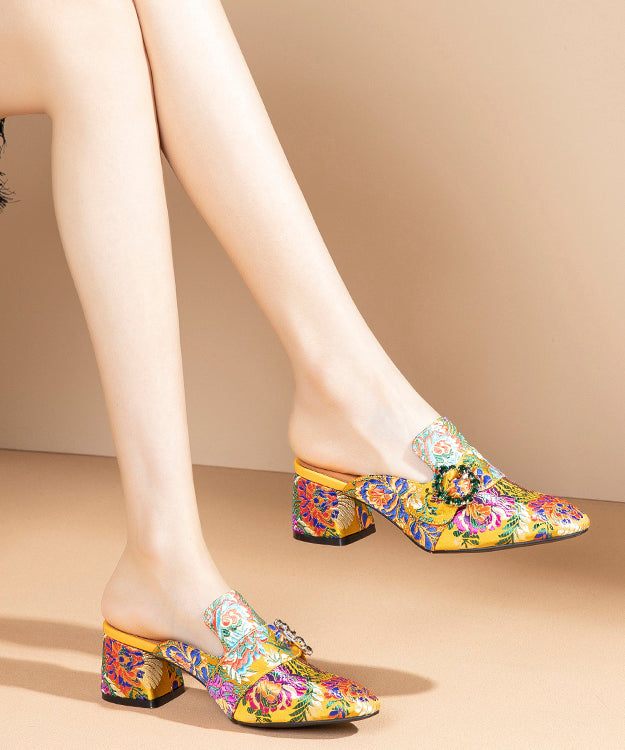 Women Yellow Embroidered Zircon Satin Chunky Sandals RT1078 Ada Fashion