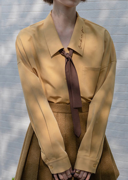 Chemise en coton patchwork jaune à boutons brodés pour femme, automne TU017