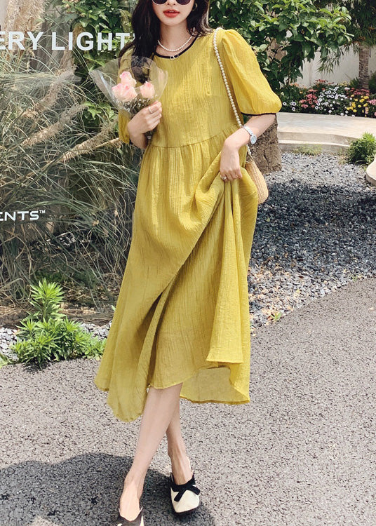 Women Yellow O Neck Patchwork Cotton Dress Summer XX024 SH-LF-SDL240611