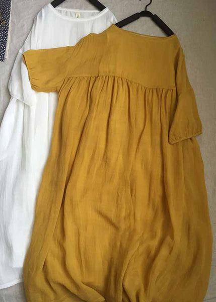 Women Yellow O-Neck Patchwork Wrinkled Long Dresses Short Sleeve GH1087 Ada Fashion