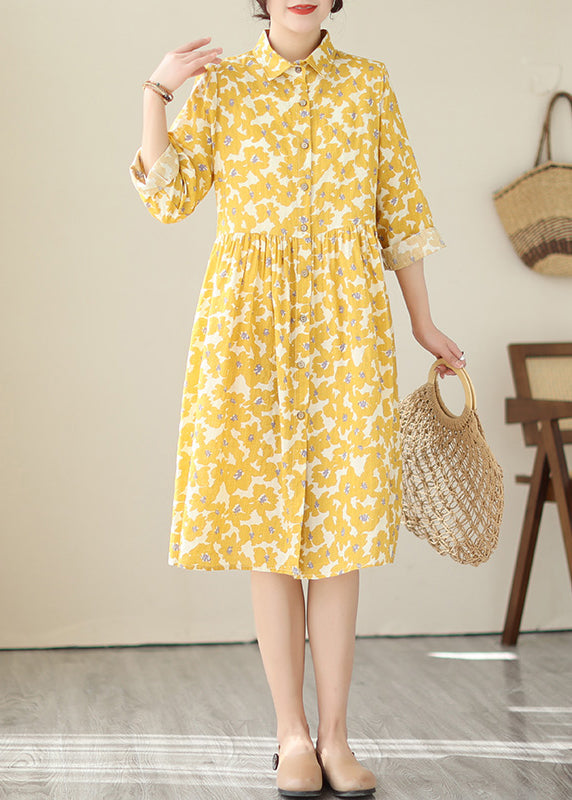 Women Yellow Peter Pan Collar Print Cotton Shirts Dresses Fall QA043 OM-ZS241009