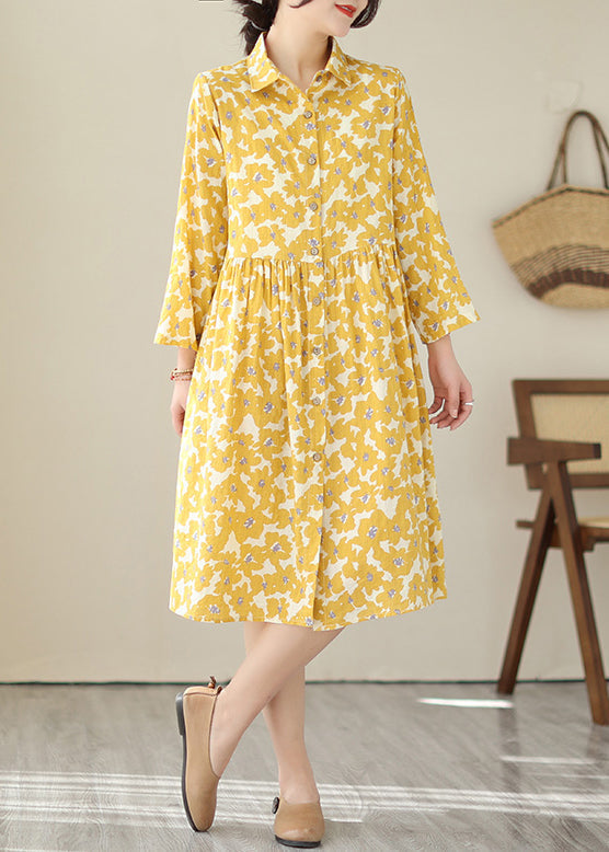 Women Yellow Peter Pan Collar Print Cotton Shirts Dresses Fall QA043 OM-ZS241009