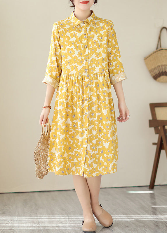 Women Yellow Peter Pan Collar Print Cotton Shirts Dresses Fall QA043 OM-ZS241009