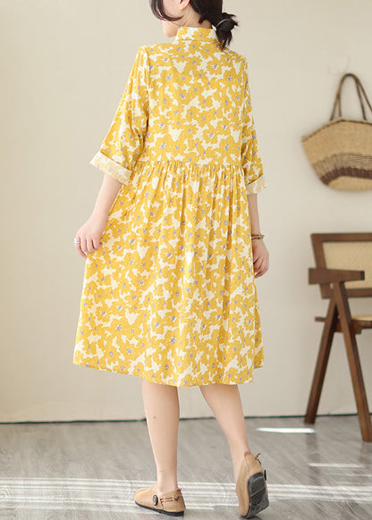 Women Yellow Peter Pan Collar Print Cotton Shirts Dresses Fall QA043 OM-ZS241009