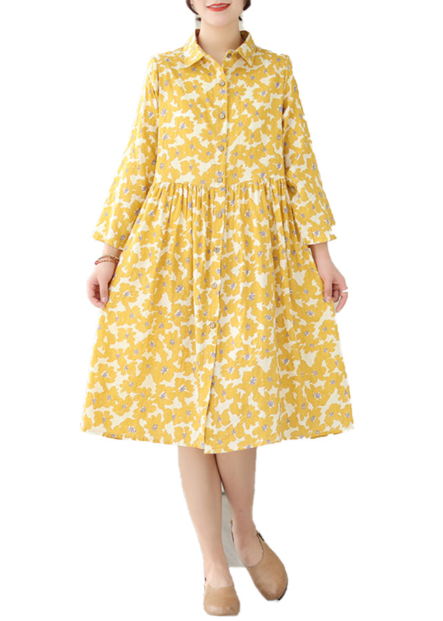 Women Yellow Peter Pan Collar Print Cotton Shirts Dresses Fall QA043 OM-ZS241009