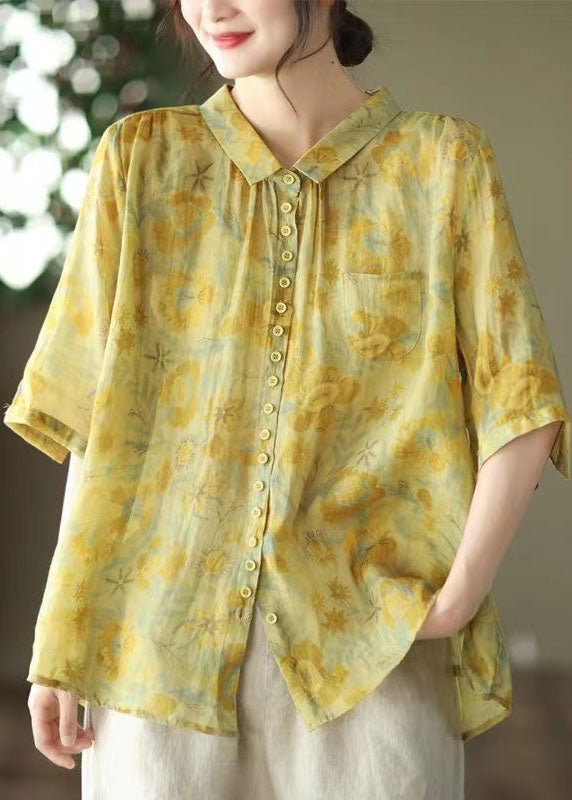 Women Yellow Peter Pan Collar Print Linen Shirt Tops Summer AP084 GK-STP240718