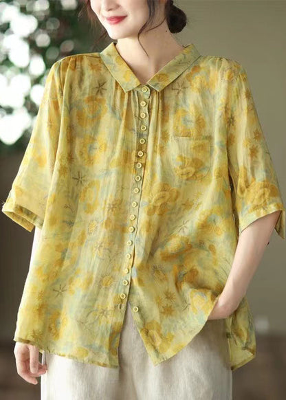 Women Yellow Peter Pan Collar Print Linen Shirt Tops Summer AP084 GK-STP240718