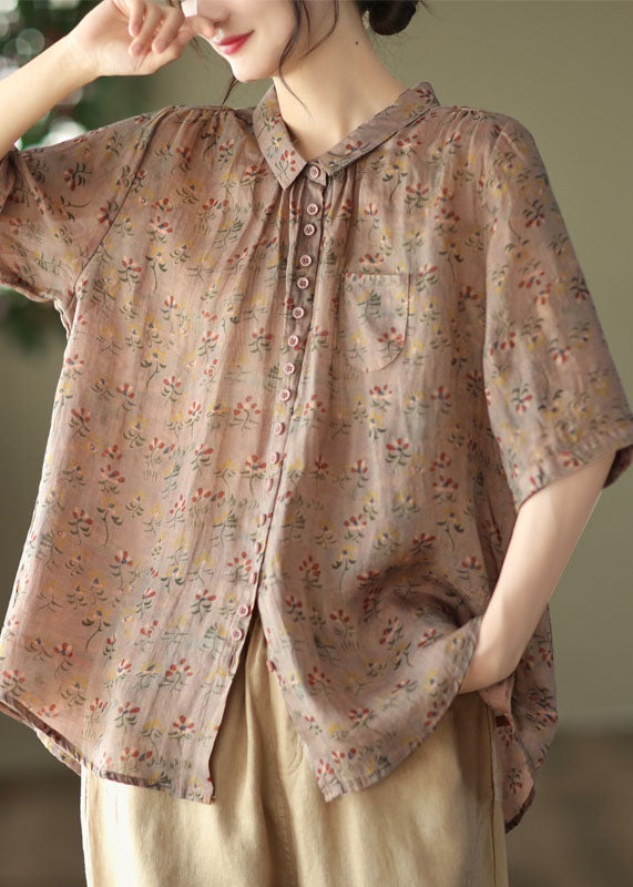 Women Yellow Peter Pan Collar Print Linen Shirt Tops Summer AP084 GK-STP240718