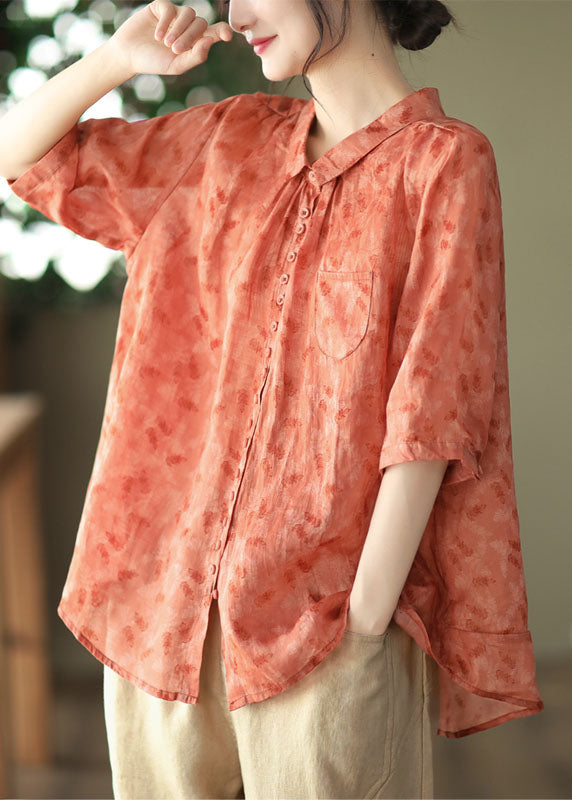 Women Yellow Peter Pan Collar Print Linen Shirt Tops Summer AP084 GK-STP240718