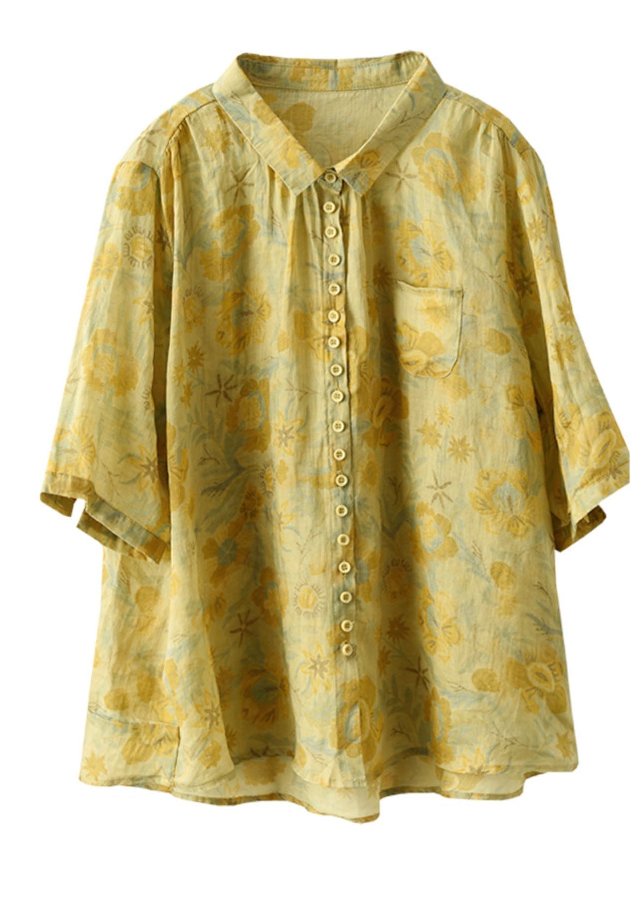 Women Yellow Peter Pan Collar Print Linen Shirt Tops Summer AP084 GK-STP240718