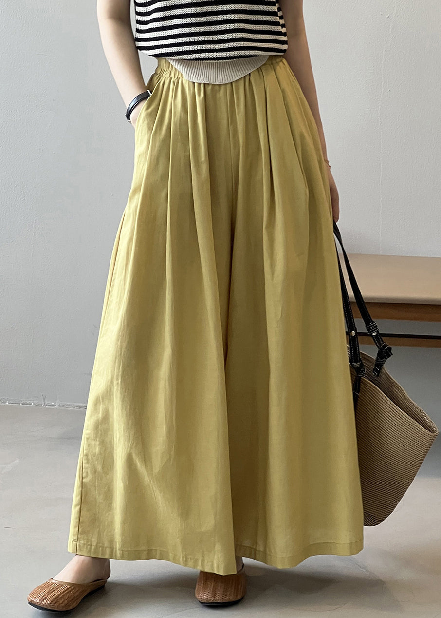 Women Yellow Pockets Solid Cotton Wide Leg Pants Summer QE055 MZF-LPTS240927