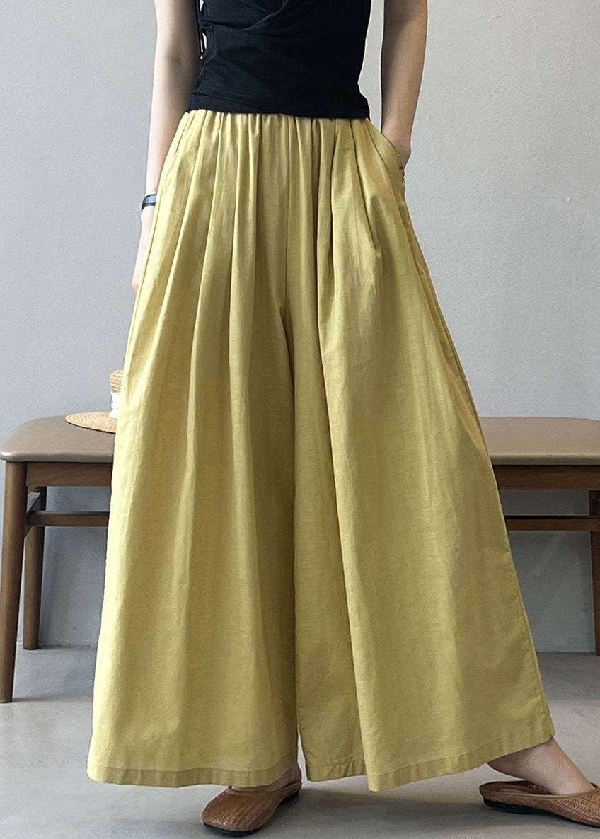 Women Yellow Pockets Solid Cotton Wide Leg Pants Summer QE055 MZF-LPTS240927