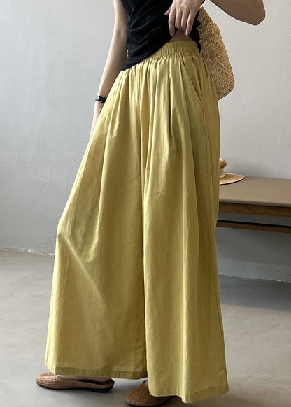 Women Yellow Pockets Solid Cotton Wide Leg Pants Summer QE055 MZF-LPTS240927