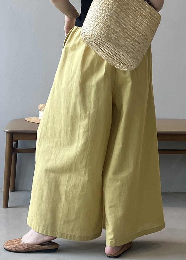 Women Yellow Pockets Solid Cotton Wide Leg Pants Summer QE055 MZF-LPTS240927