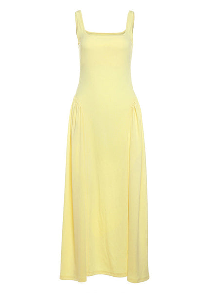 Dress Patchwork Women Yellow Cotton Collar Wrinkled Square Summer FashionChic