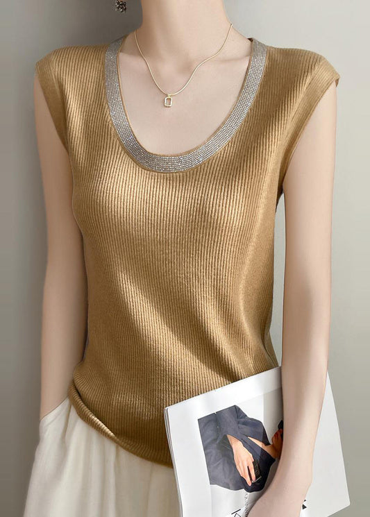 Yellow Summer U Patchwork Tank Knit Women Neck FashionChic
