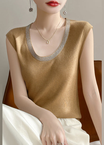 Yellow Summer U Patchwork Tank Knit Women Neck FashionChic