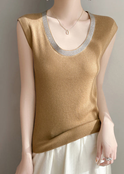 Yellow Summer U Patchwork Tank Knit Women Neck FashionChic